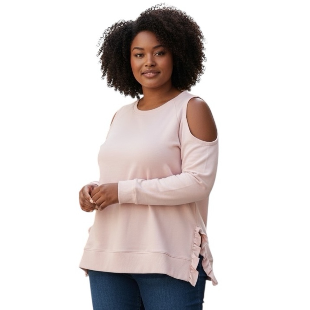 LANE BRYANT pale pink cold shoulder tunic top with ruffle detail sides 14/16 XL
